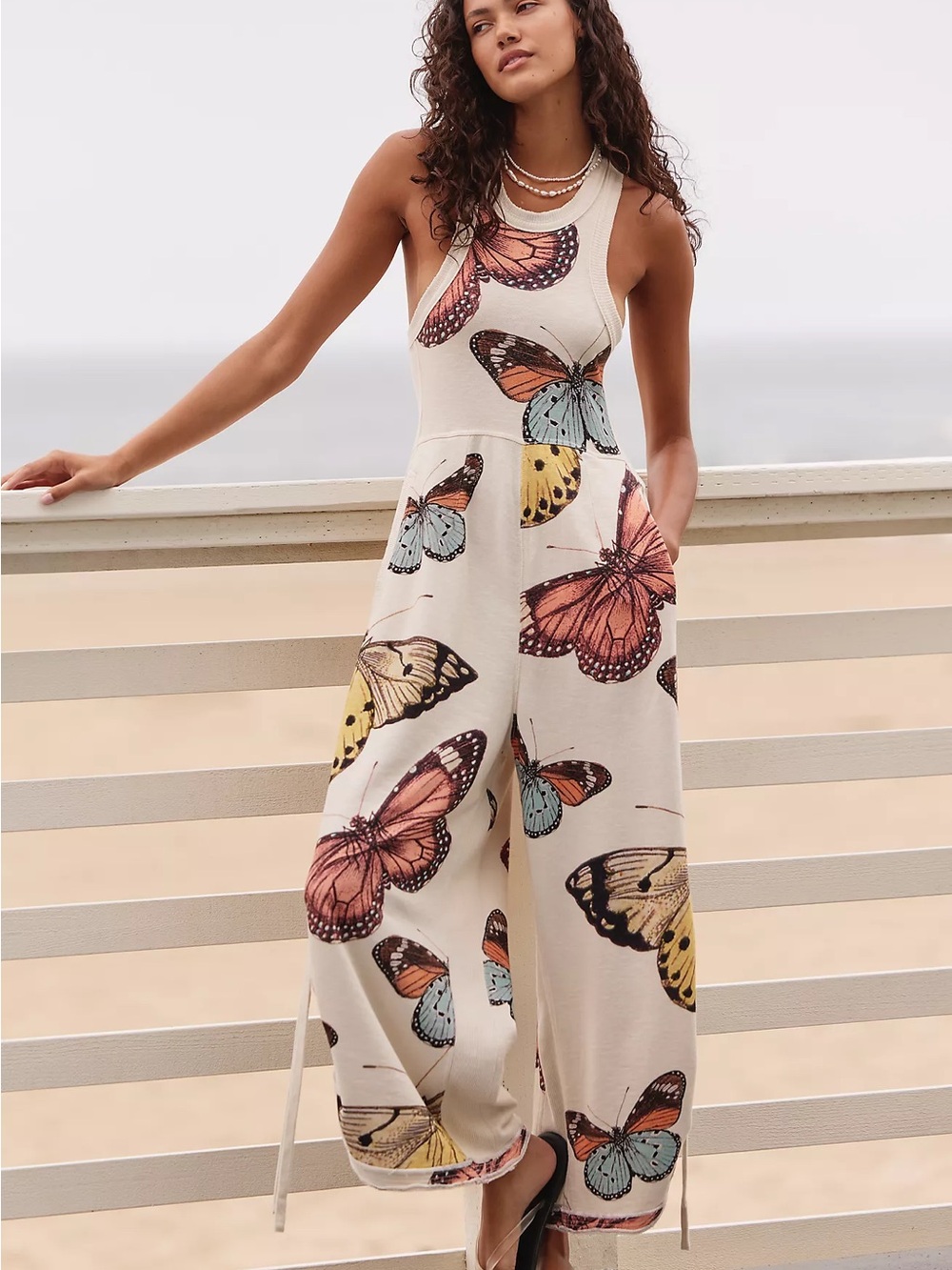 Anthropologie Cream Sleeveless Butterfly-Print Wide-Leg Jumpsuit